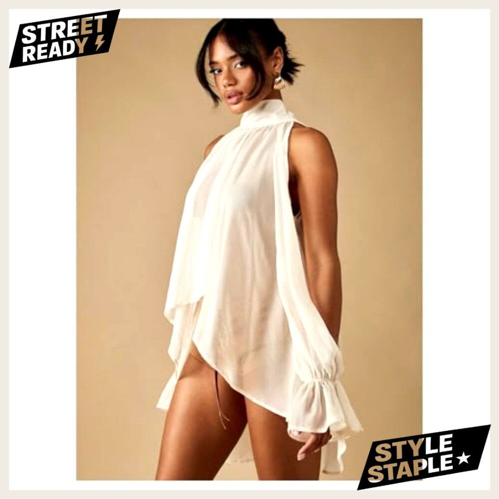 Chiffon Blouse Asymmetrical Split Bishop Sleeve S… - image 4